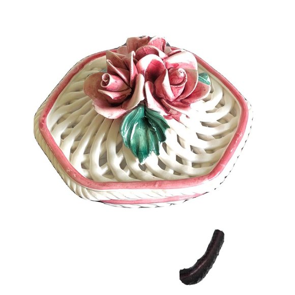 Vintage Italian Ceramic Reticulated Covered Dish  Pink/White - Picture 2 of 14